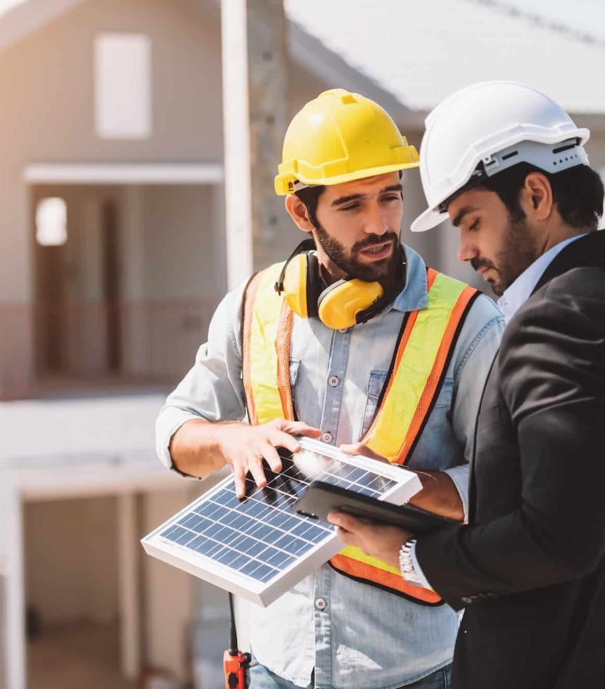 Civil engineer and foreman are working in construction site with solar cell in new project