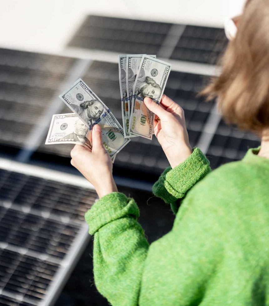 Woman counts euro banknotes near solar power plant